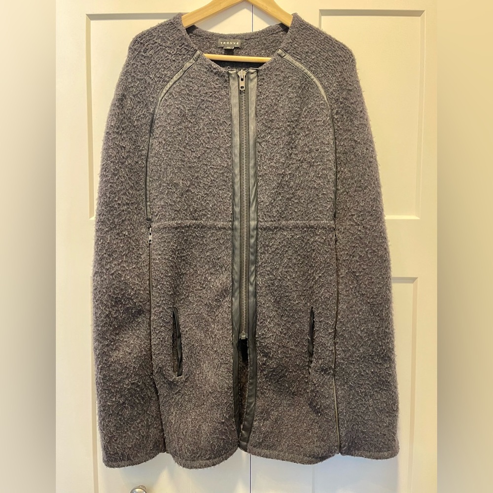 Trouvé Grey Bouclé Cape with Leather Piping Size M/L